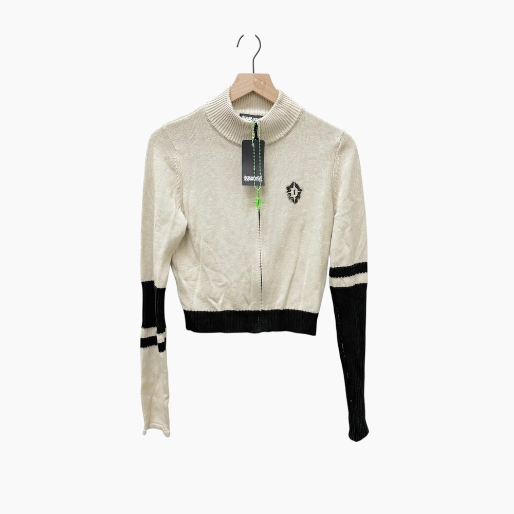 Darker Waves‎ Dolls Kill Womens Cream Black CTRL 20-23 Cropped Zip Sweater Large